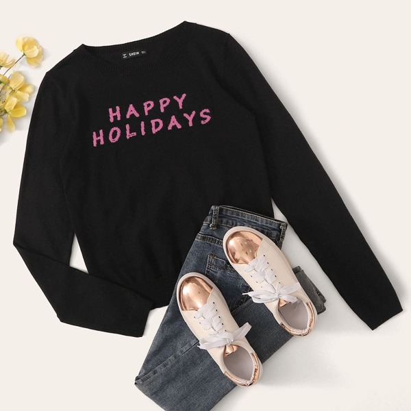 

Round Neck Slogan Graphic Sweater, Black