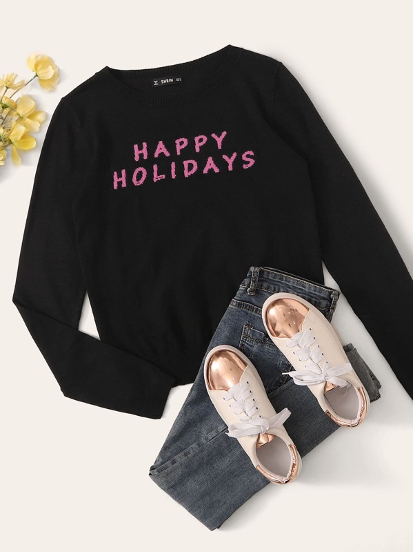 

Round Neck Slogan Graphic Sweater, Black