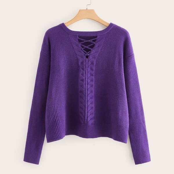 

Plus Crisscross Front Cable Knit Sweater, Purple