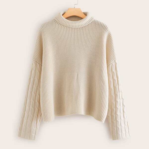 

Plus Cable Knit Sleeve Solid Sweater, Beige pastel