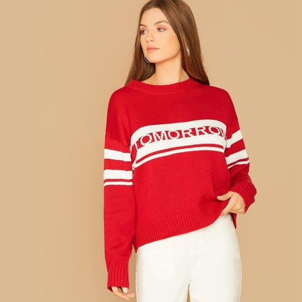 

Drop Shoulder Letter and Striped Sweater, Red bright