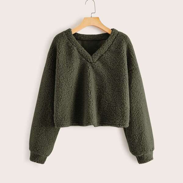 

Drop Shoulder V-Neck Teddy Pullover, Army green
