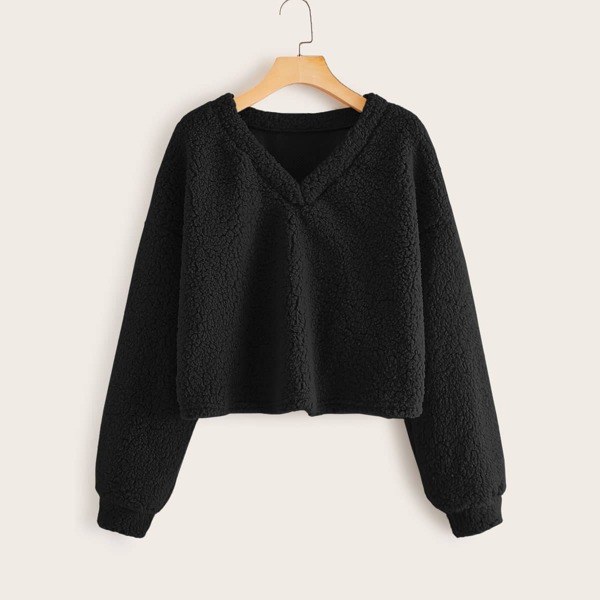 

V-neck Teddy Pullover, Black
