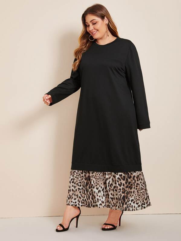 

Plus Contrast Leopard Hem Sweatshirt Dress, Black, Carol