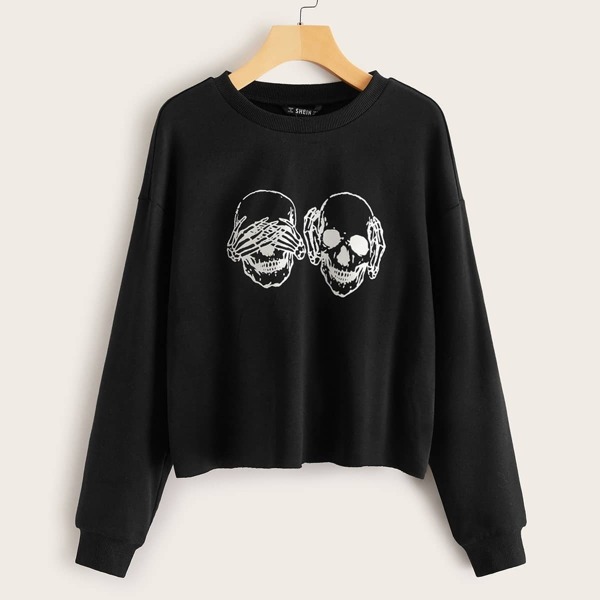 

Drop Shoulder Skull Print Pullover, Black