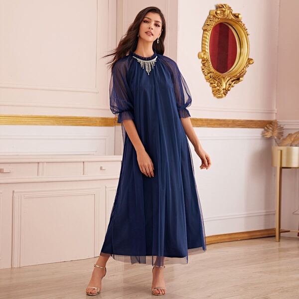 

Puff Sleeve Mesh Overlay Dress With Rhinestone Necklace, Navy