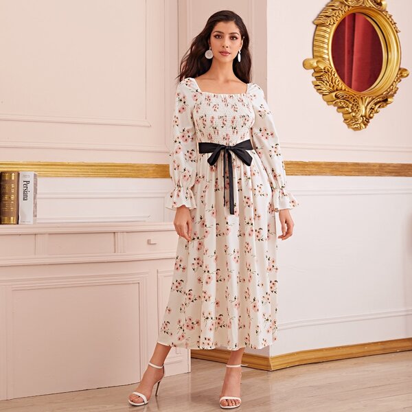 

Floral Print Contrast Belted Shirred Dress, White