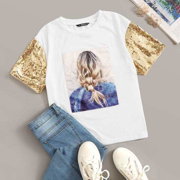 

Contrast Sequin Sleeve Figure Print Tee
