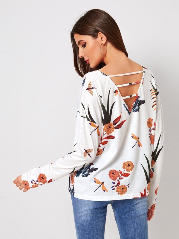 

Cutout Back Floral Print Top, White, Barbara C
