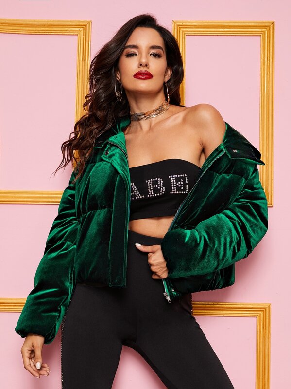 

Zipper Front Velvet Padded Jacket, Green, Juliana