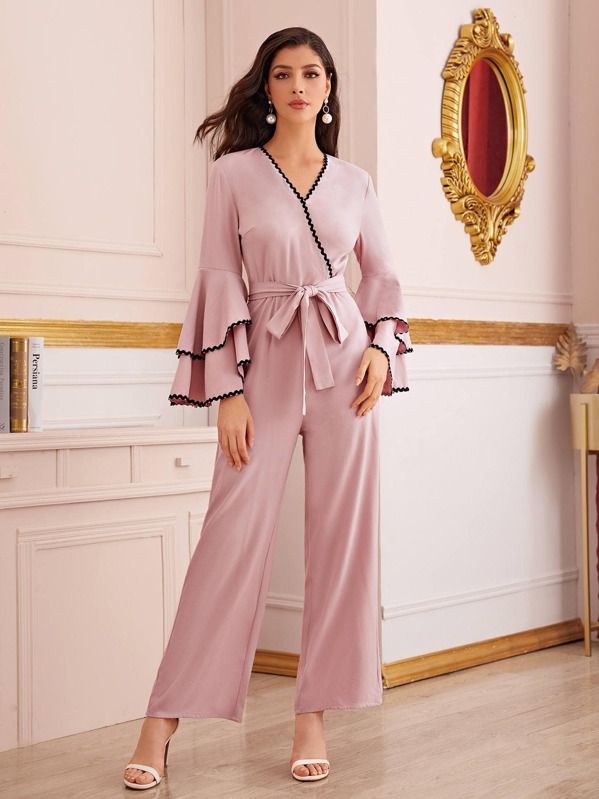 

Contrast Wave Tape Detail Bell Sleeve Palazzo Jumpsuit, Pink, Taina