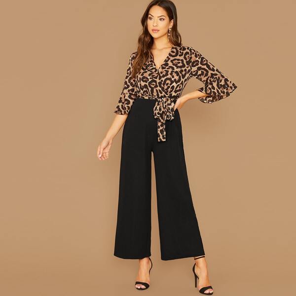 

Flounce Sleeve Leopard Belted Wrap Combo Jumpsuit, Multicolor