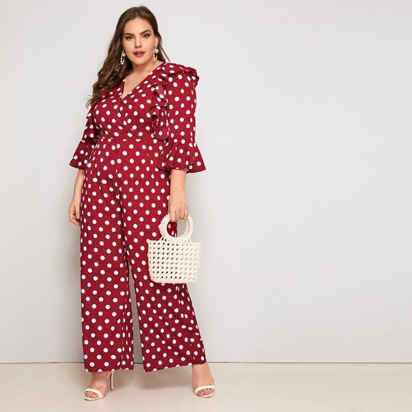 

Plus Surplice Neck Ruffle Trim Polka Dot Palazzo Jumpsuit, Burgundy