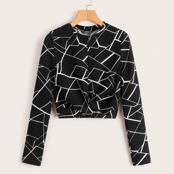

Plus Geo Print Crisscross Front Tee, Black