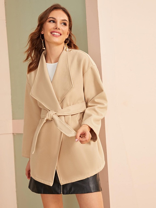 

Waterfall Collar Coat With Belt, Beige, Vlada