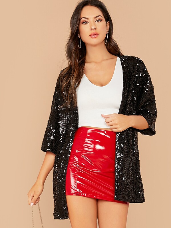 

Open Front Sequin Coat, Black, Christen Harper