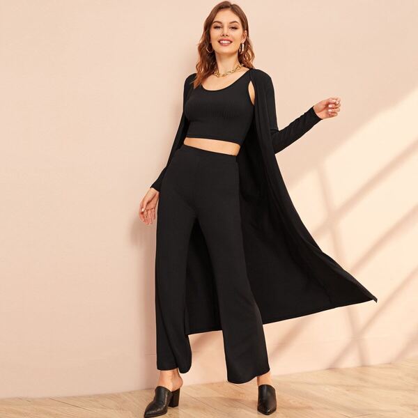 

Rib-knit Tank Top and Flare Leg Pants Set With Coat, Black
