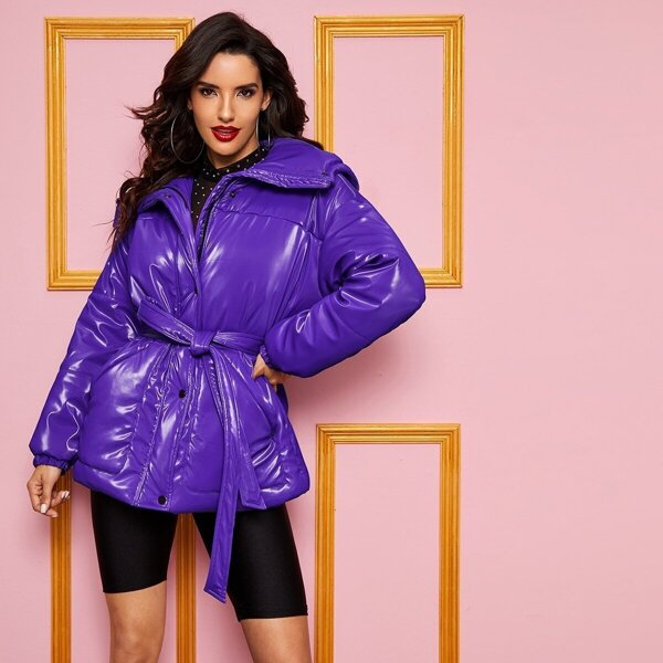 

Pocket Patched Self Belted Hooded PU Padded Coat, Purple bright