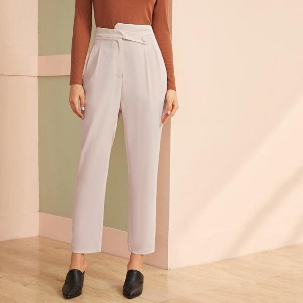 

Solid Asymmetrical Waist Pants, Beige pastel