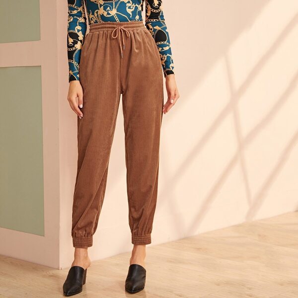 

Drawstring Waist Slant Pocket Cord Pants, Brown