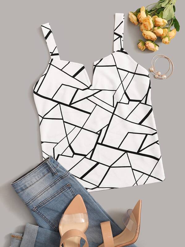 

Notch Neck Geo Print Cami Top, White