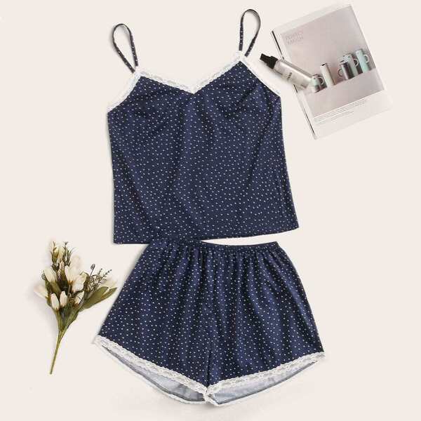 

Polka Dot Lace Trim Cami PJ Set
