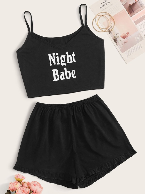 

Letter Print Cami Pajama Set, Black