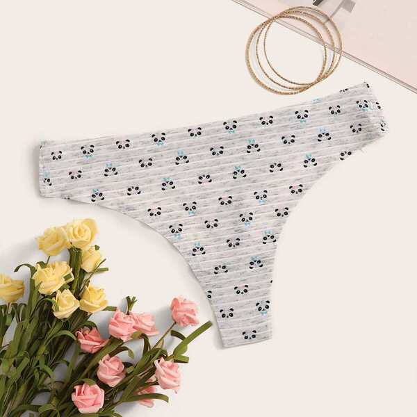 

Panda Print Striped Panty, Grey