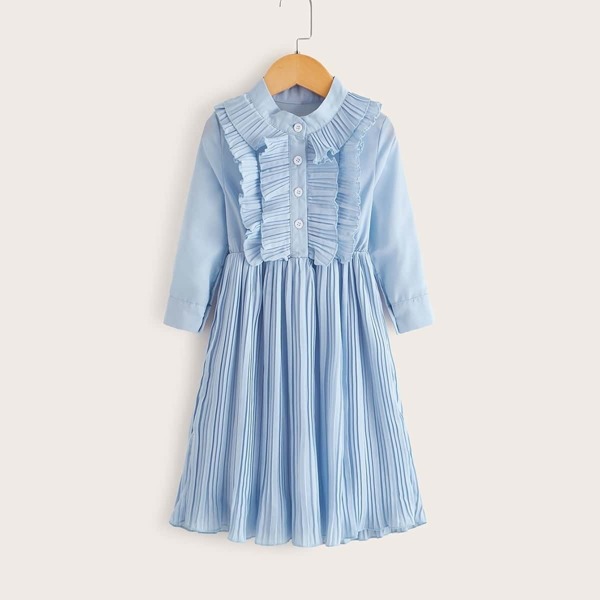 

Toddler Girls Ruffle Trim Pleated A-line Dress, Blue pastel