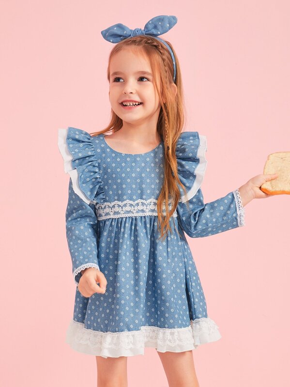 

Toddler Girls Lace Panel Ruffle Trim Smock Dress, Blue, Sofia B