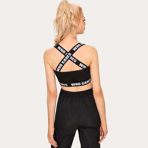 

Crisscross Back Letter Tape Sports Bra, Black