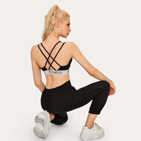 

Crisscross Back Letter Tape Sports Bra, Black
