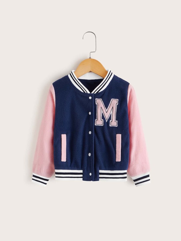 

Toddler Girls Contrast Striped Trim Teddy Baseball Jacket, Navy
