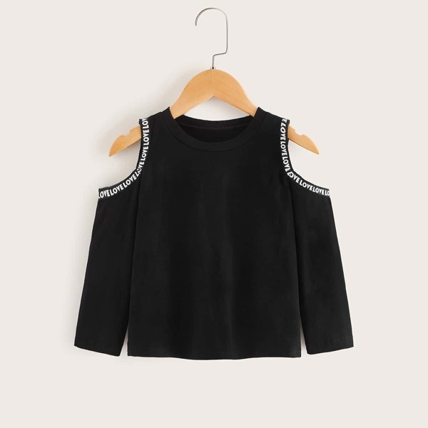 

Toddler Girls Open Shoulder Letter Tape Tee, Black