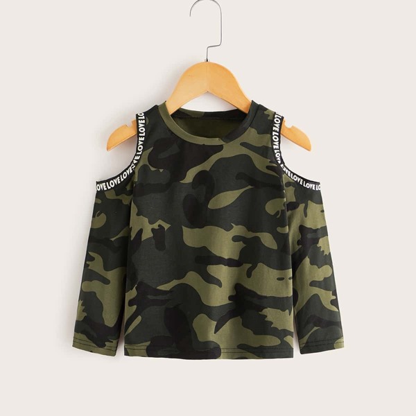 

Toddler Girls Open Shoulder Letter Tape Camo Tee, Multicolor