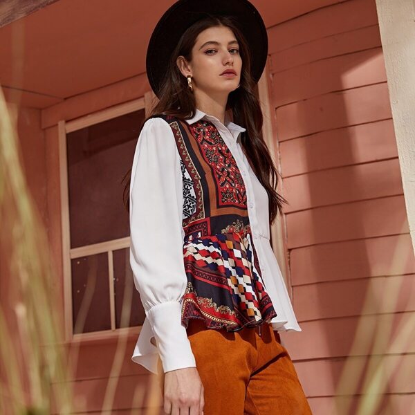 

Contrast Aztec Panel Ruffle Hem Blouse, Multicolor