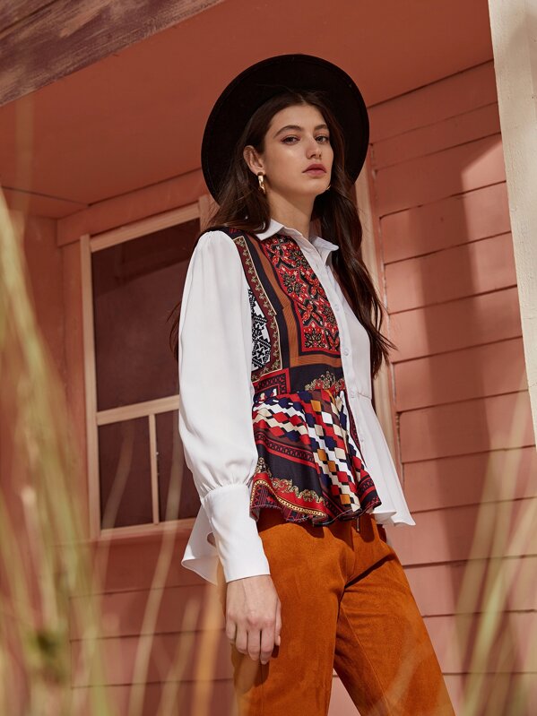 

Contrast Aztec Panel Ruffle Hem Blouse, Multicolor, Mila