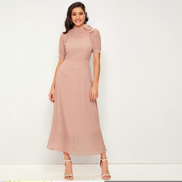 

Stand Collar Tie Side Puff Sleeve A-line Dress, Pink pastel