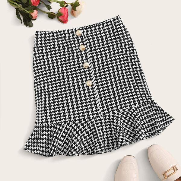 

Houndstooth Button Front Ruffle Hem Skirt, Black and white
