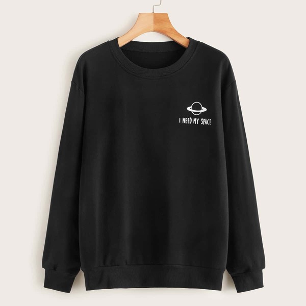 

Planet And Letter Graphic Round Neck Sweatshirt, Black