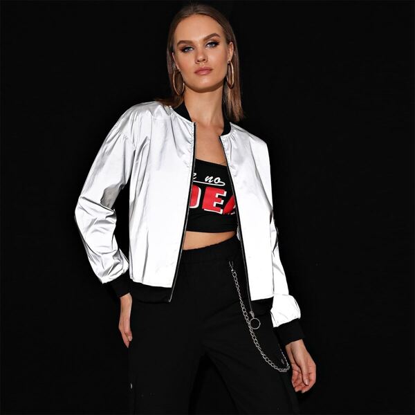 

O-ring Zip Front Reflective Bomber Jacket, Grey
