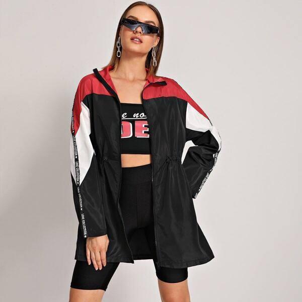 

Color-block Letter Tape Drawstring Waist Windbreaker Jacket