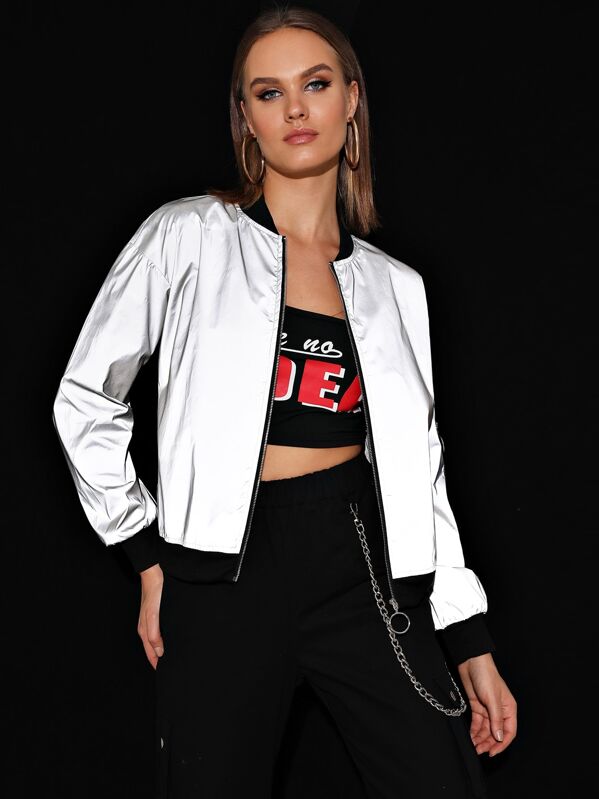 

O-ring Zip Front Reflective Bomber Jacket, Grey, Rasa