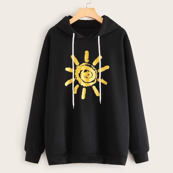 

Sun Print Drawstring Hooded Sweatshirt, Black