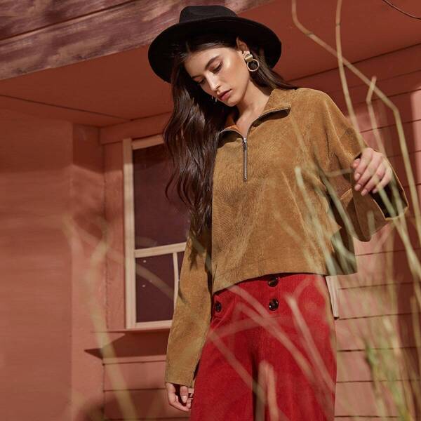 Corduroy Half Zipper Solid Sweatshirt