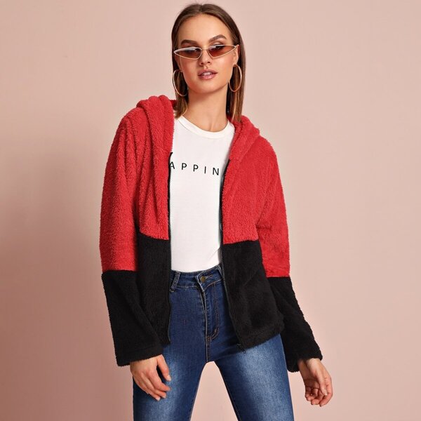 

Two Tone Zip Up Hooded Teddy Coat, Multicolor