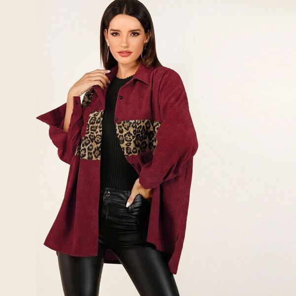 

Contrast Leopard Button Through Corduroy Coat, Burgundy