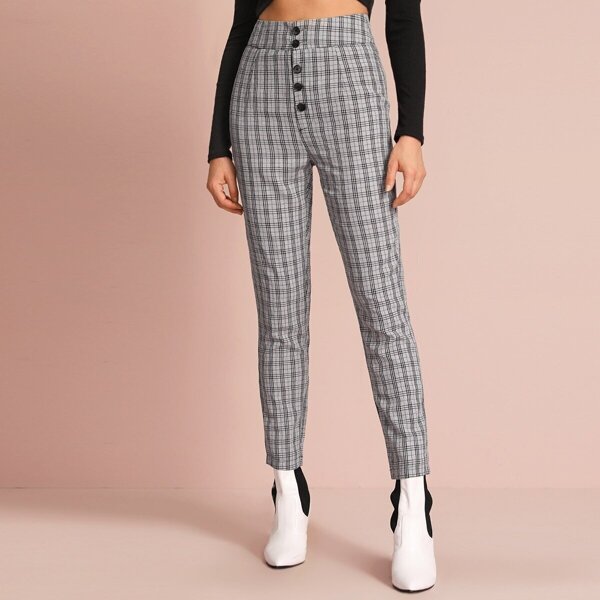 

Button Front Plaid Carrot Pants, Grey