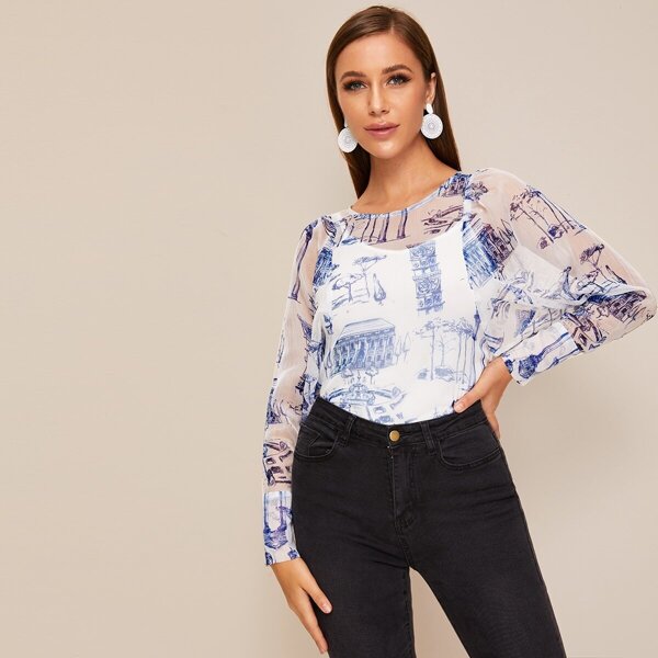 

Landscape Print Keyhole Back Organza Blouse, Blue