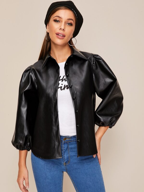 

Button Front Bishop Sleeve PU Jacket, Black, Hanna